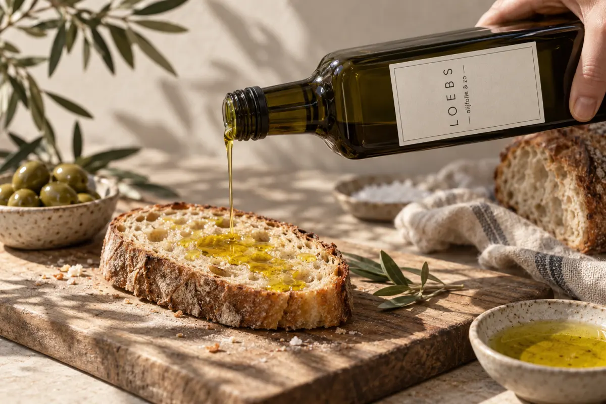 Olijfolie uit een LOEBS fles over een snee brood