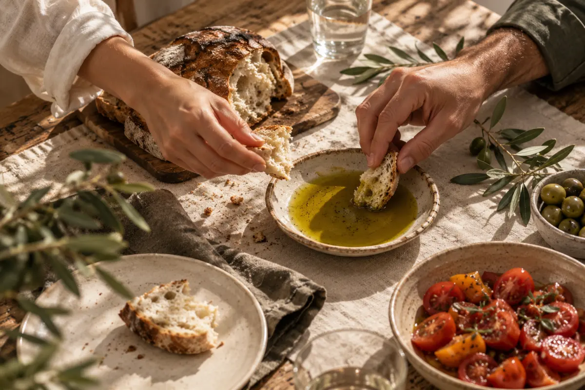 Brood dopen in olijfolie aan een gedekte tafel